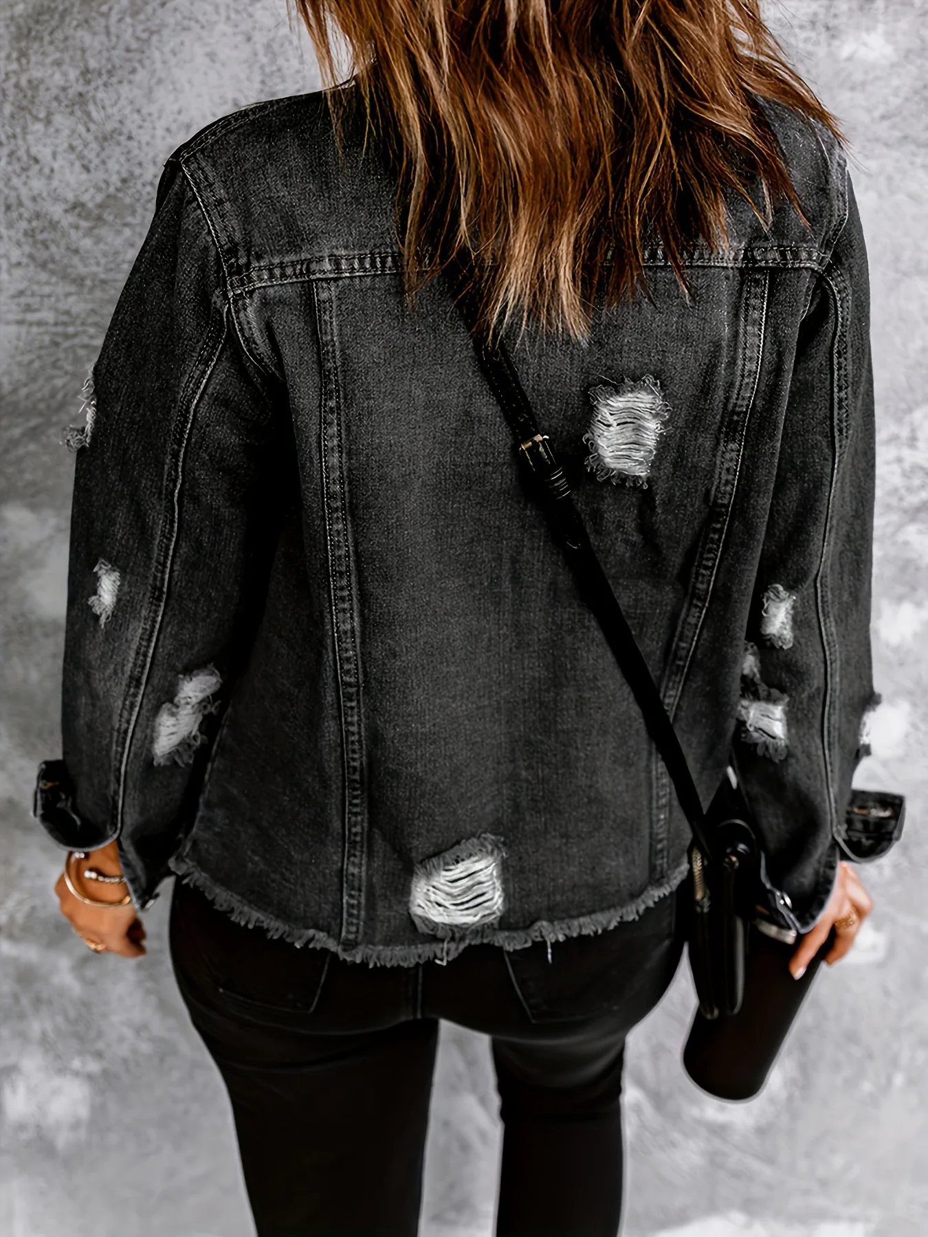 2023 Winter New Women\'s Black Ripped Denim Jacket Fashion Long Sleeve Slim Raw Edge Jeans Coat Casual Women\'s Clothing XS-L