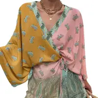 Women's Boho Paisley Color Block Romper Long Sleeve V Neck Tie Waist Beach Vacation Playsuit Shorts - Image 3