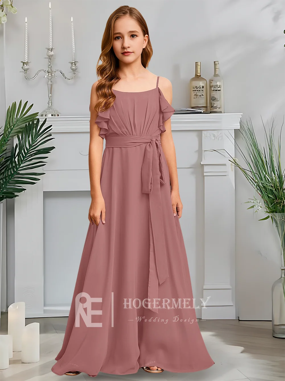 Robe de demoiselle d'honneur luxueuse à col carré pour filles, robe à fleurs de lavande crépuscule, ligne a, en mousseline de soie, longueur au sol, Gala de jardin