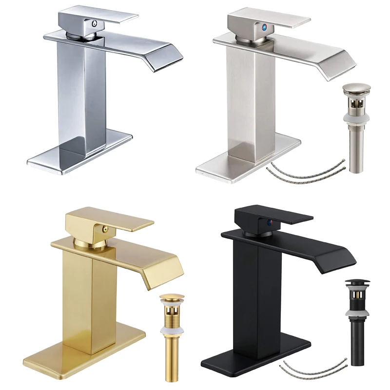 Bathroom Faucet Single Handle Waterfall Bathroom Sink Faucets Deck Mount Vanity Basin Commercial with Pop Up Drain Stopper