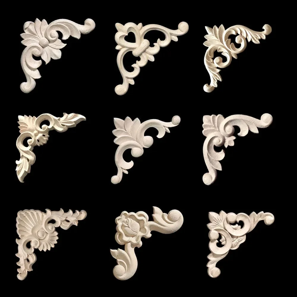 Autocollant d'angle sculpté en bois non peint, Appliques florales pour meubles, accessoires de décoration de maison, Figurines pour fleurs de décoration
