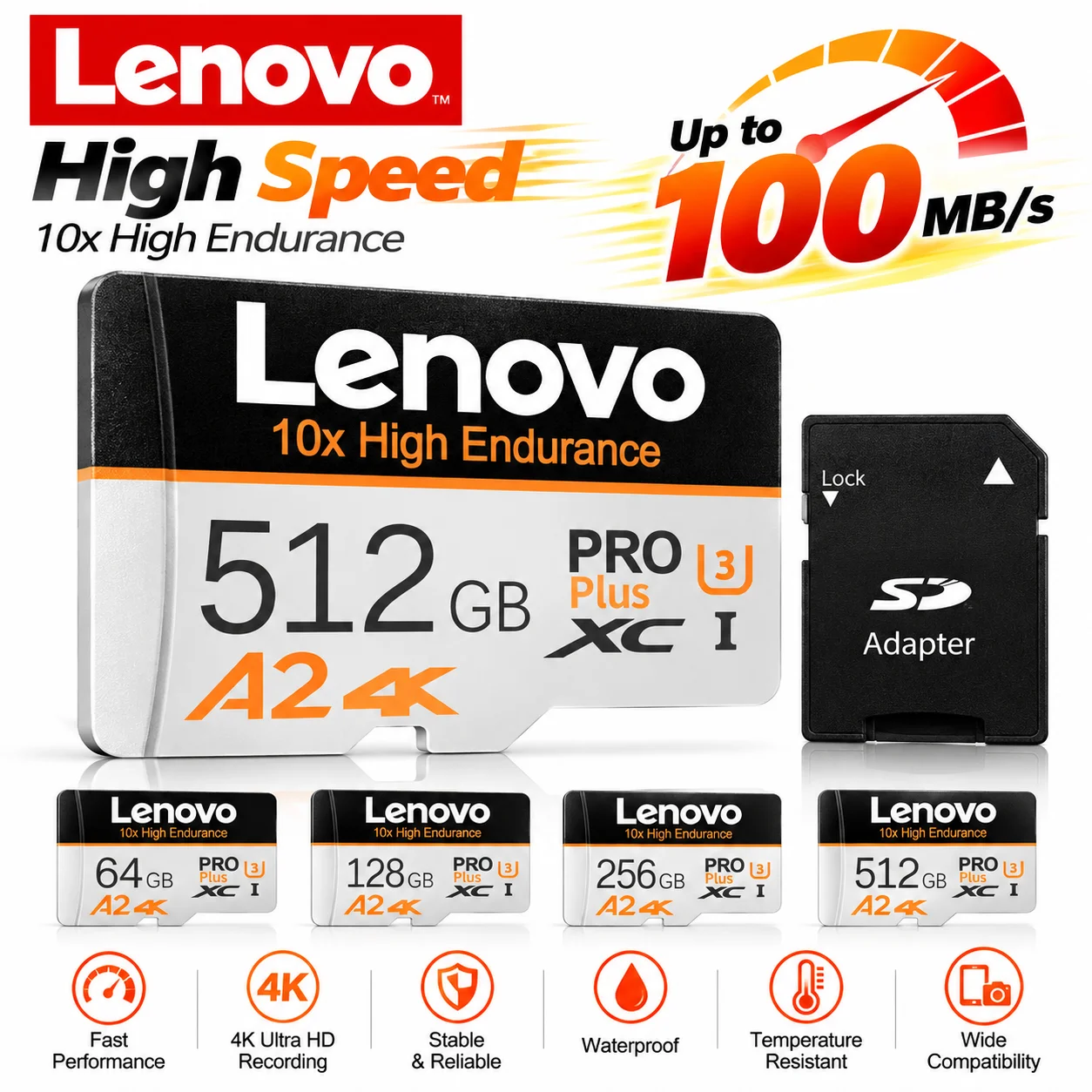 Lenovo Reliable Memory Card 64GB/128GB/512GB and Micro SD Card SD Cards TF Cards Fast Read Write Class 10 for Security Camera