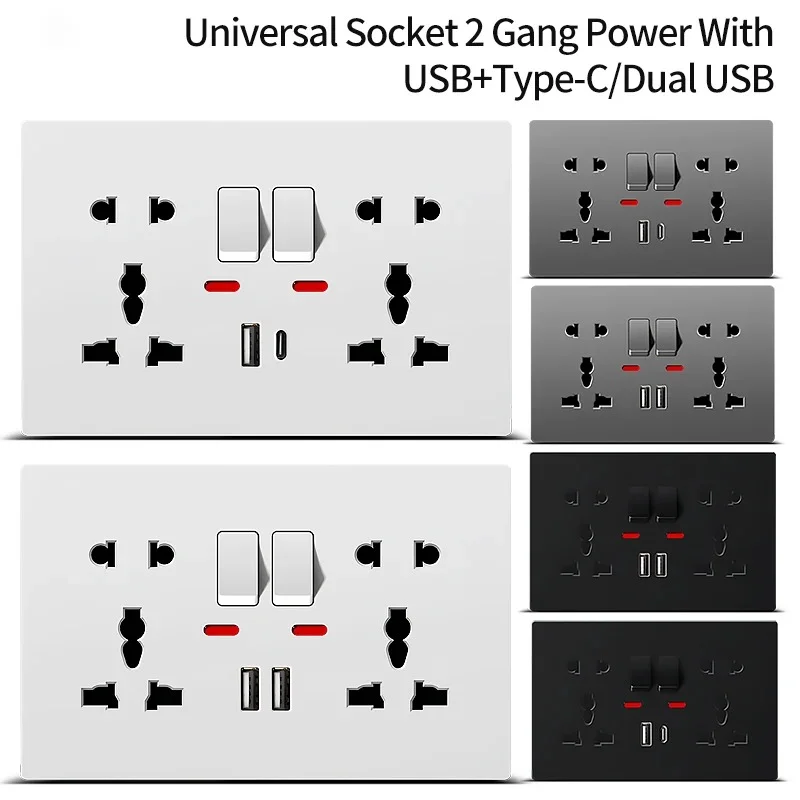 

Universal Wall Socket with USB-C USB Charger & Switches, 2 Gang Power Outlet With LED, Flush Mount, AC 110-250V