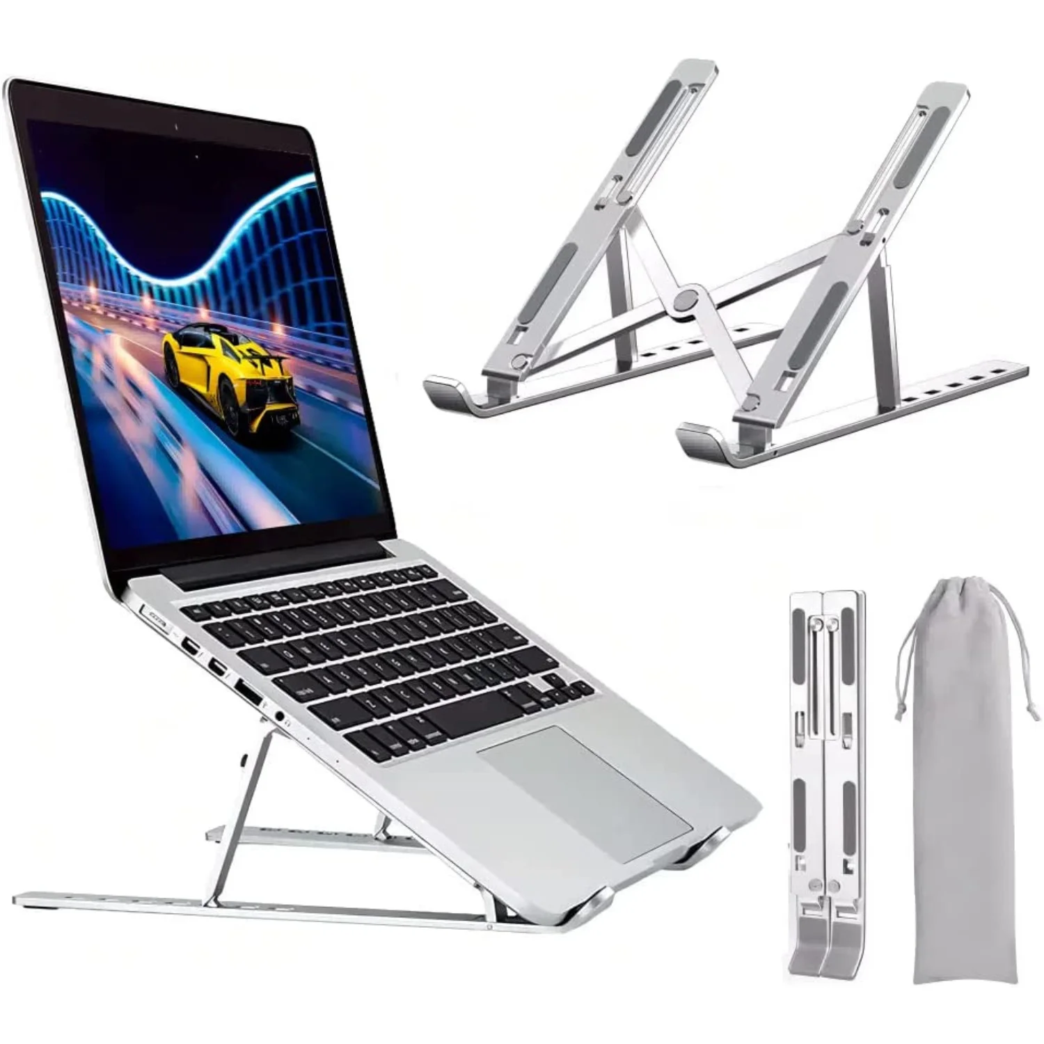 Soporte Ordenador Portátil Aluminio Plegable, Soporte para Ordenador Portátil Mesa Altura Ajustable, Laptop Stand para PC Escritorio Compatible con Tablet MacBook Air Pro, ASUS HP Surface Lenovo 5-15,6", Color Plateado
