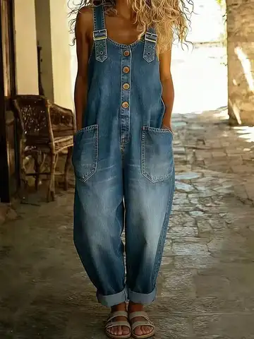 Plus Size Women Vintage Denim Bib Overalls Adjustable Shoulder Straps Front Wooden Buttons Loose Fit Roll Cuff Ankle Jeans Romper With Large Side Pockets Casual Holiday Daily Wear 2026 New