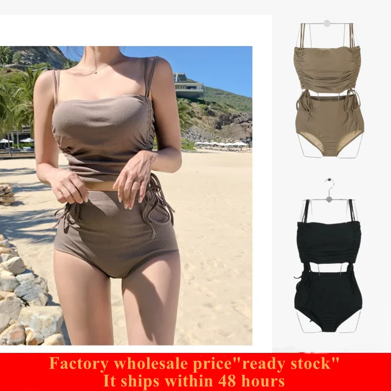 

Swimsuit Women High Waisted Swimwear Korean Two Pieces Bikini Women Drawstring Pad Push Up Bathing Suit