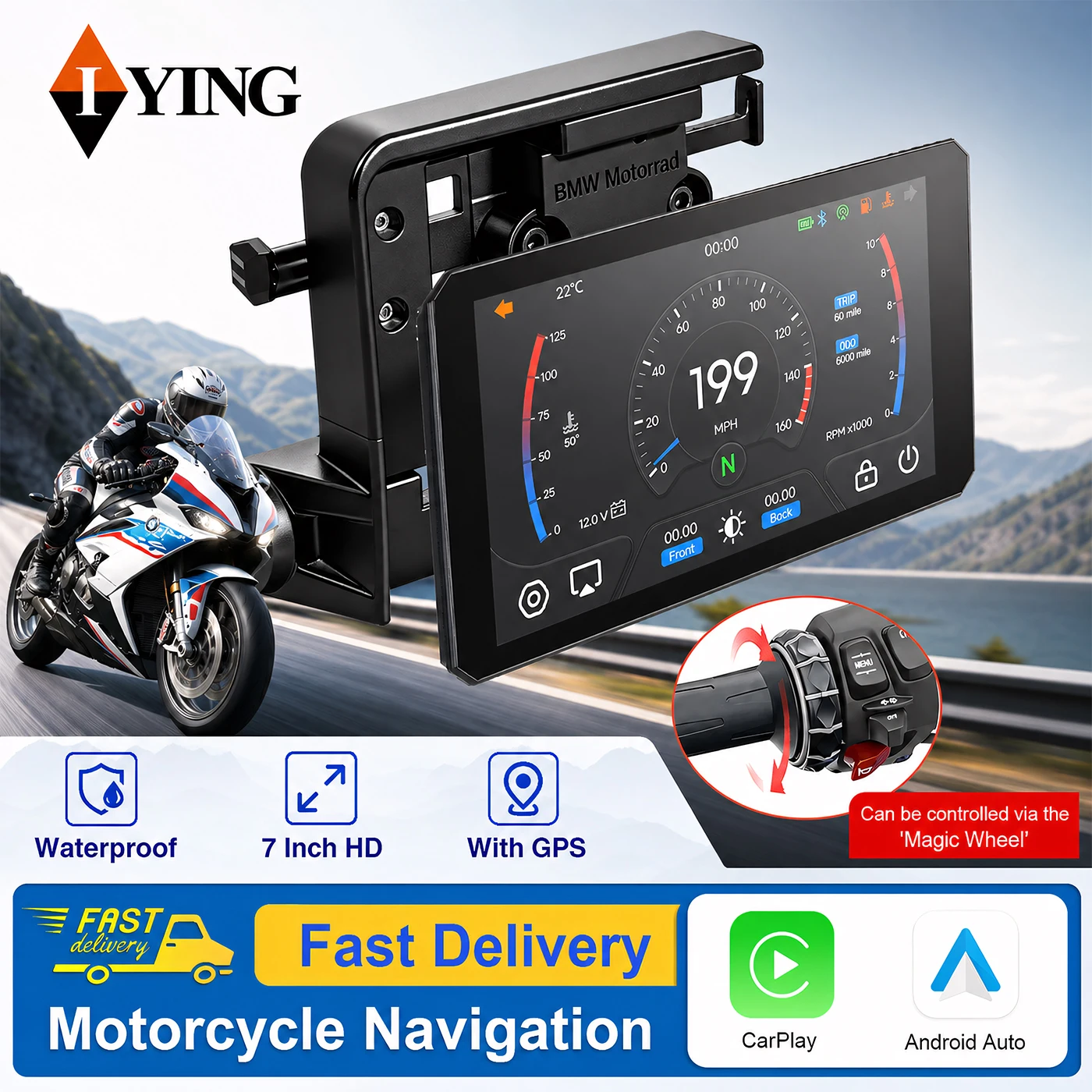 7" Motorrad Navi mit Magic Wheel Steuerung für BMW R1200GS R1250GS R1300GS S1000XR, Wireless CarPlay Android Auto Display, IP68