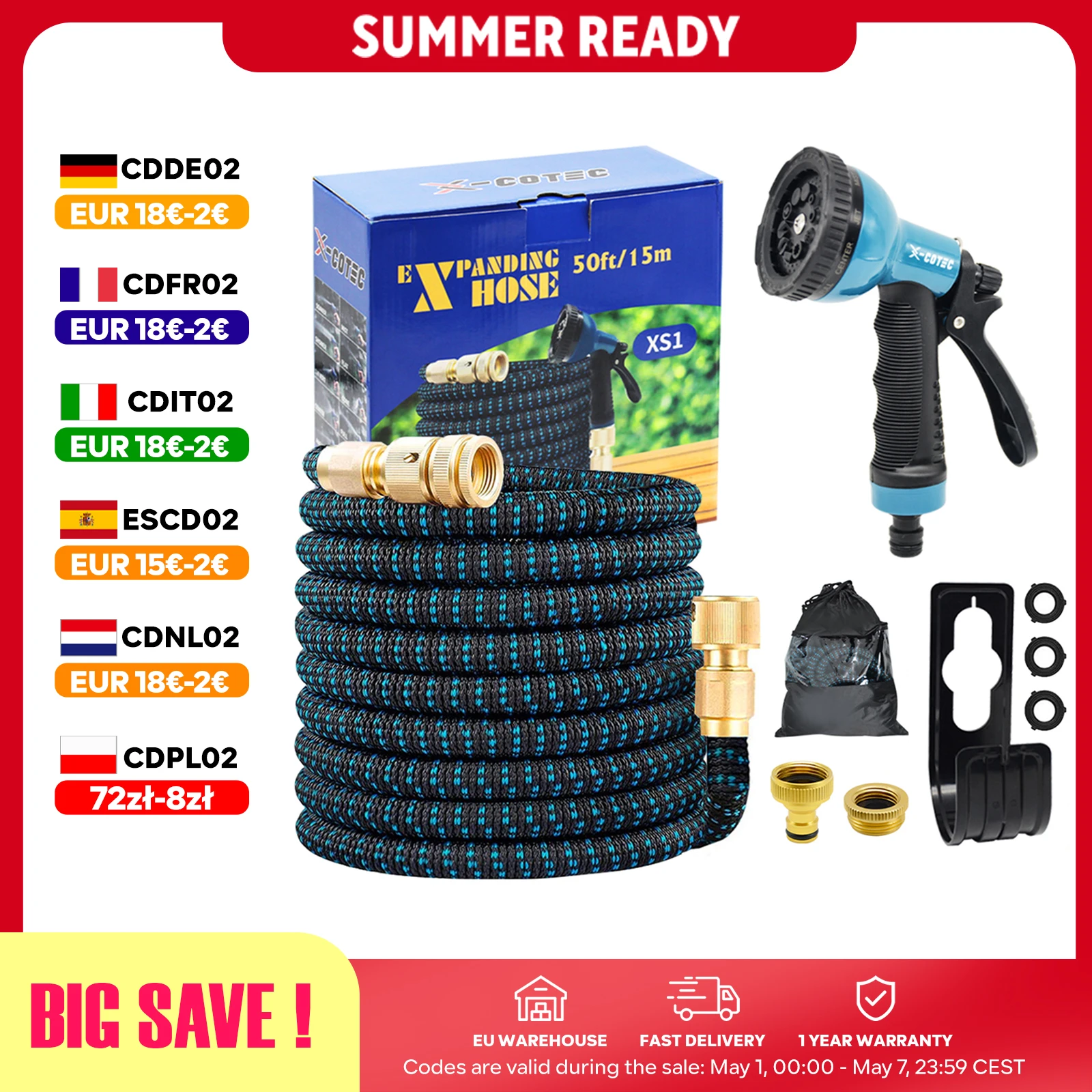 X-COTEC Tuyau d'Arrosage Extensible 15m/30m, Raccords Laiton 1/2" 3/4", Pistolet 10 Jets, Tuyau Flexible pour Jardin et Auto