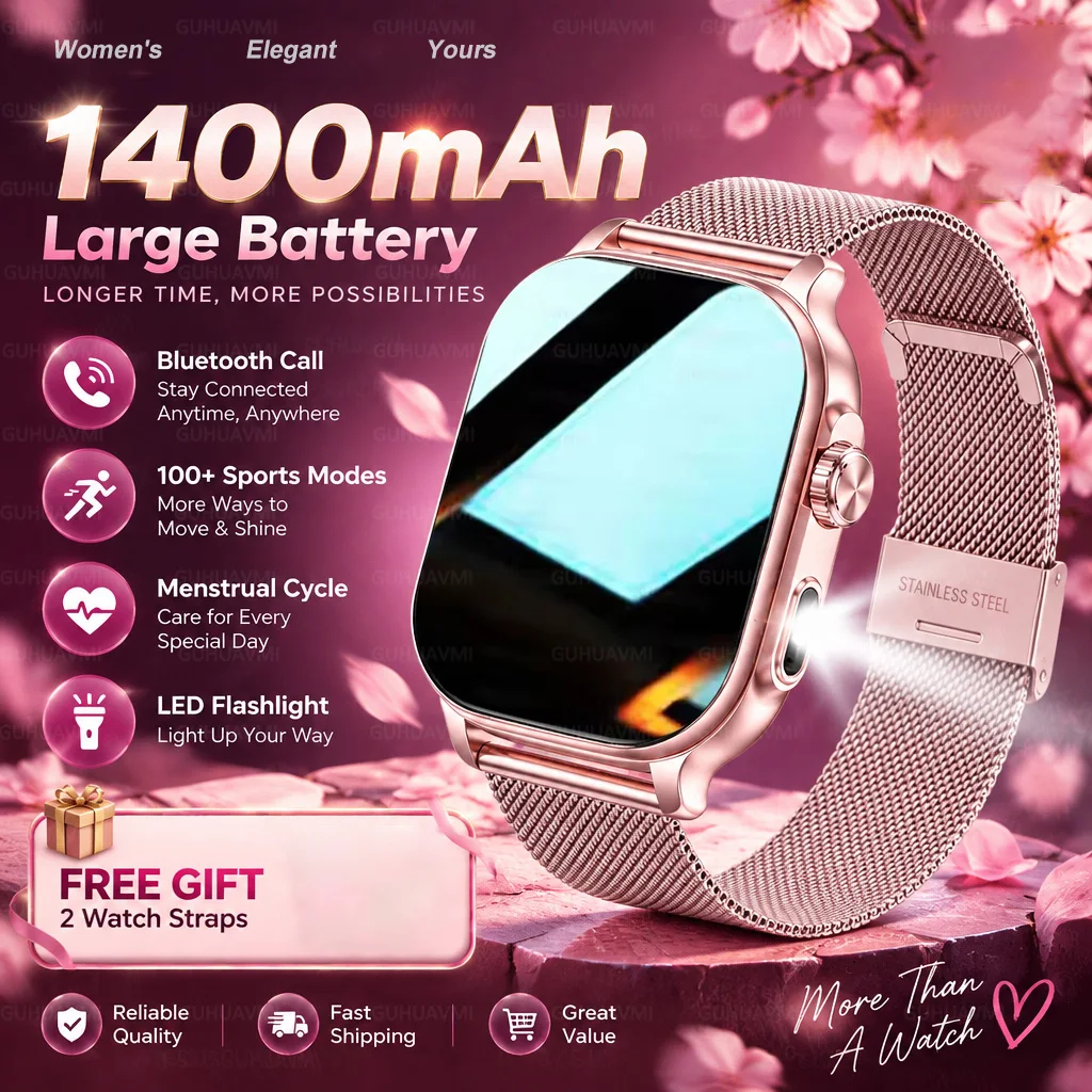 2026New 1400mAh Battery Smart Watch Ladies LED Flashlight Bluetooth Call Health Sport Watches Waterproof Bracelets Women As Gift