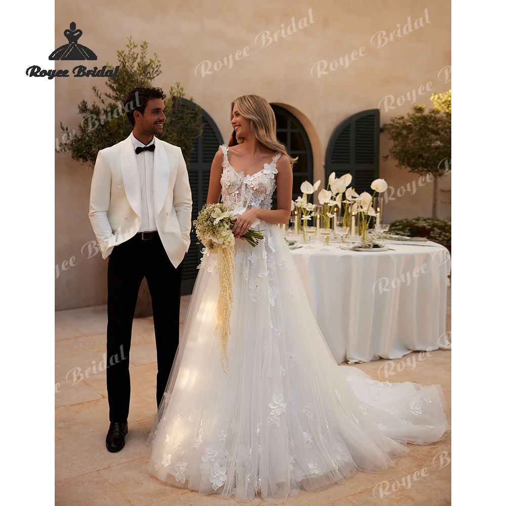 

Изысканное свадебное платье А-силуэта с 3D-цветами, 2026, с бисером, на тонких бретельках, из фатина, для пляжной церемонии, на заказ, vestido de novia