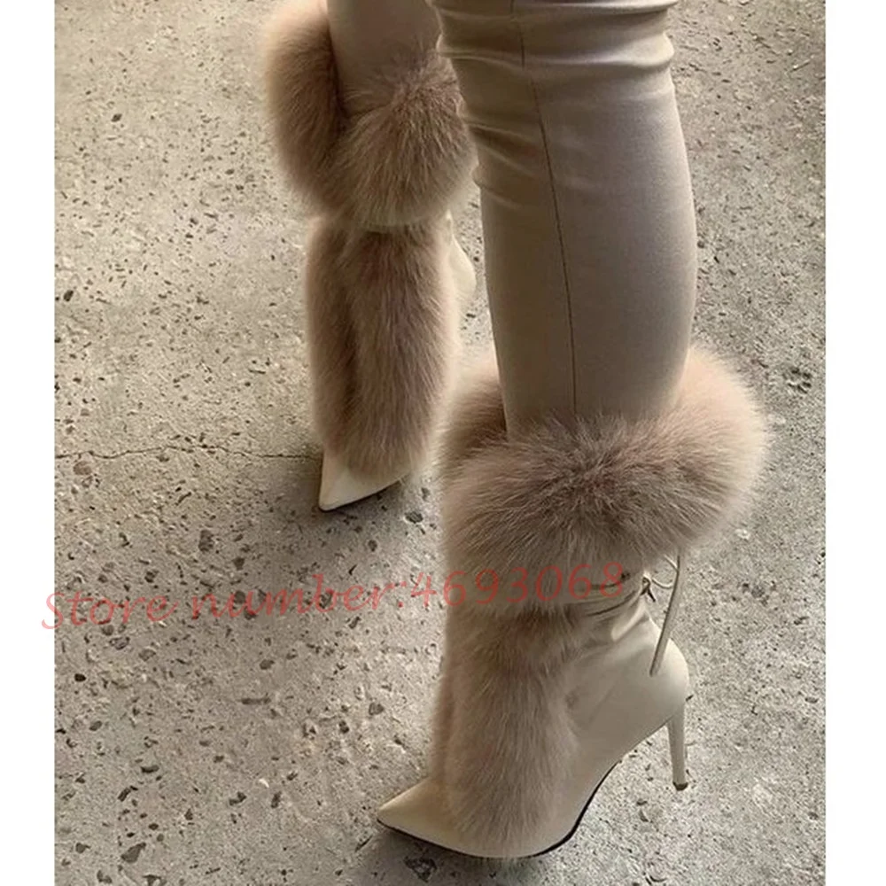 Fluff Pointy Women Ankle Boots Newest White Fur High Stiletto Heels Lace-up Short Boots Female Luxury Slip On Fashion Shoes