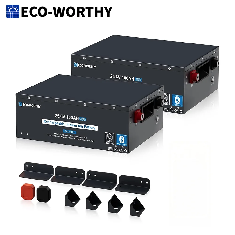 ECO-WORTHY 24V 100Ah 2 Pack Metal Case LiFePO4 Lithium Battery , Home Backup ,for OffGrid,RV,Solar