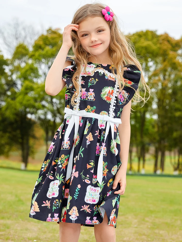 Summer dress black floral printed exotic princess  swing dress for girl