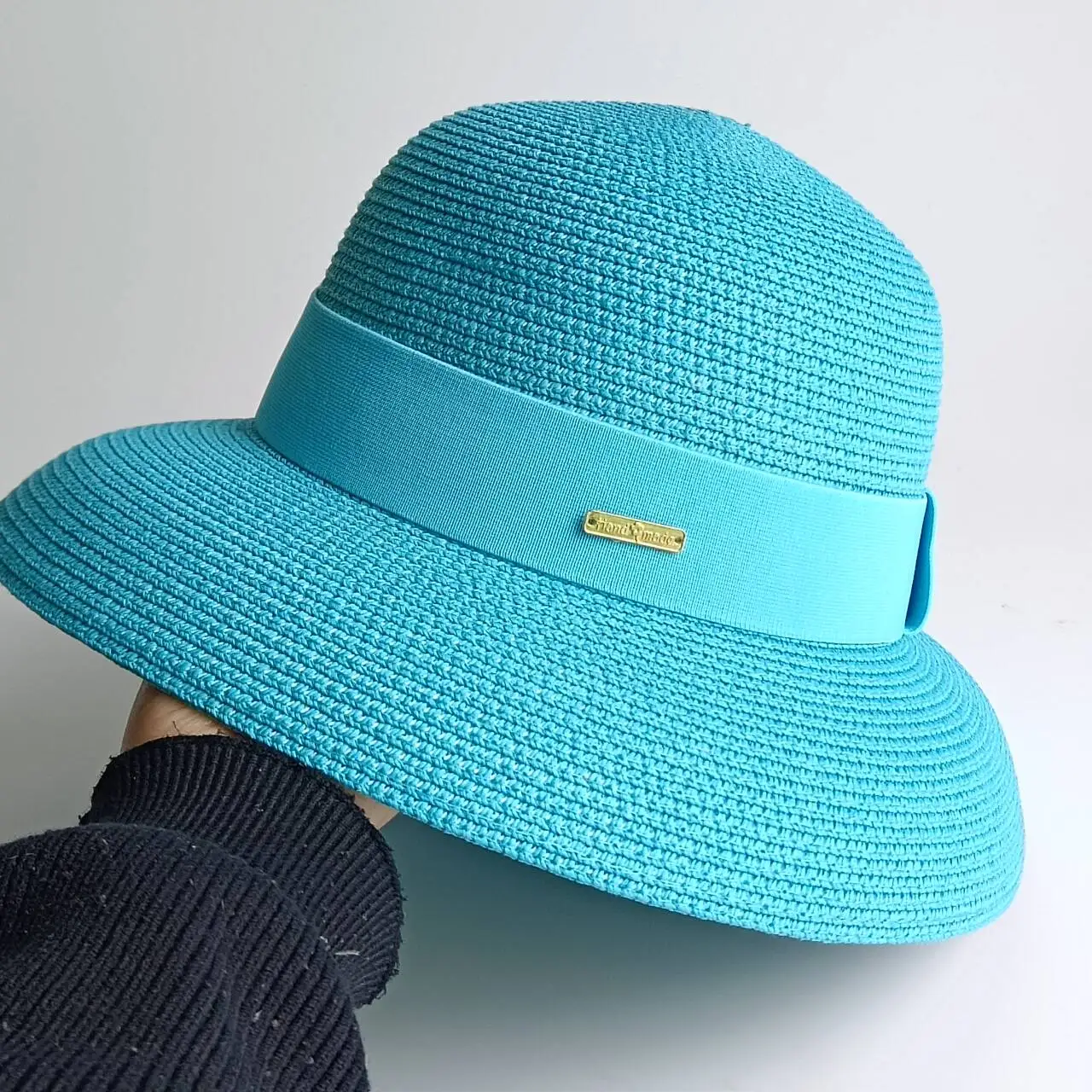 

Women's summer lake blue straw sun hat with a wide brim and ribbon UV protection perfect for beach vacations 밀짚모자