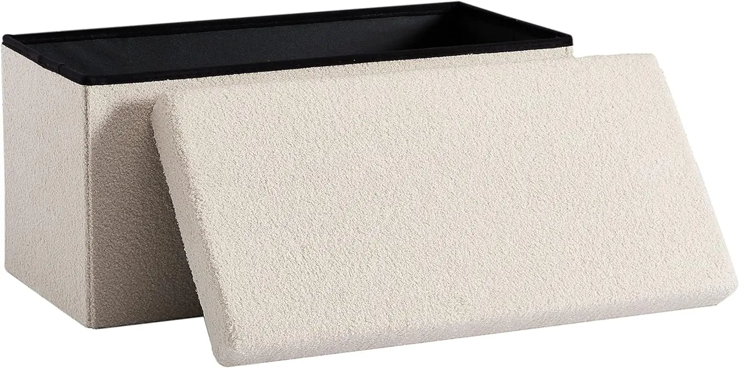 Faltbare Sitzbank mit Stauraum 80 L, 76 × 38 × 38 cm, Gepolsterte Sitztruhe mit Weichem Plüschbezug, bis 300 kg, Beige, für Flur Schlafzimmer Wohnzimmer