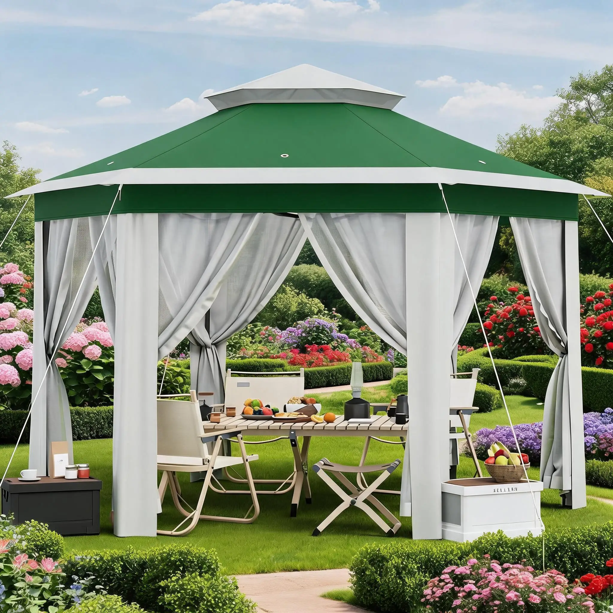 Gazebo hexagonal desplegable para jardín con ventanas con mosquitera, estructura de acero resistente, incluye bolsas de arena y una bolsa. Construcción sencilla para jardín, terraza y balcón.