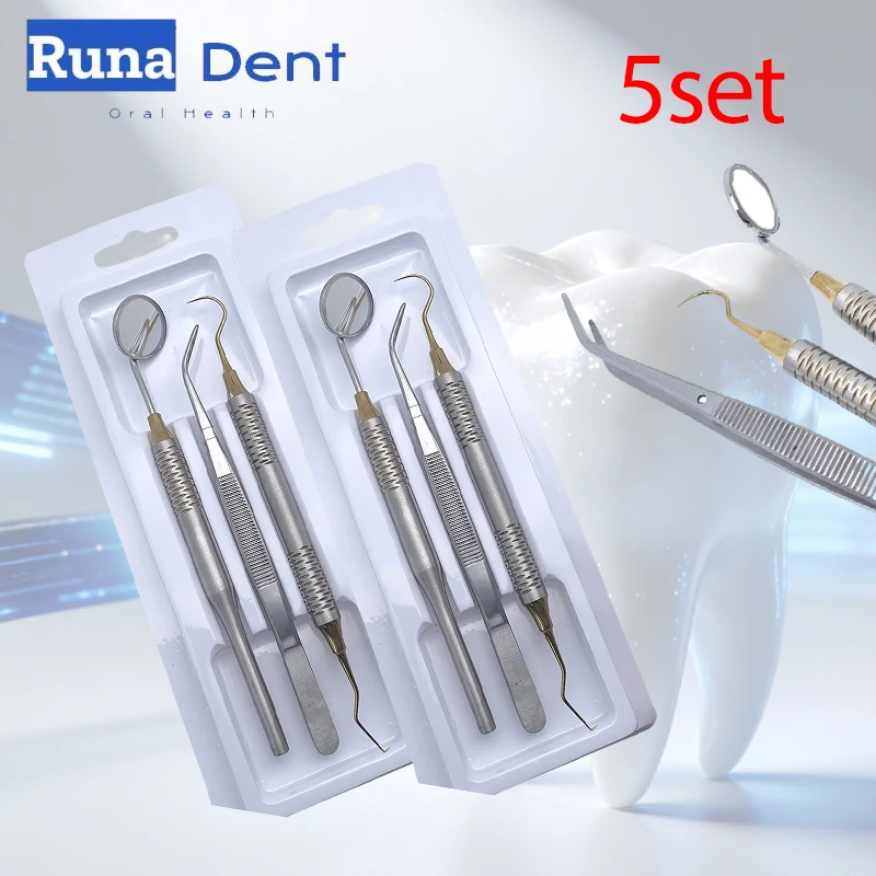 

5Kit Dental Mouth Mirror Stainless Steel Tweezers Curve Probe Dentist Double Ended Instrument Teeth Care Cleaning Whitening Tool