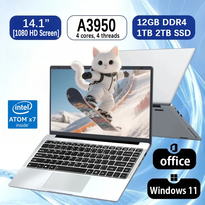2025 computadora portátil de oficina Windows 11 Intel Atom x7 A3950 Notebook PC Gamer 12GB RAM 512GB 1TB SSD 1920*1080 computadora de oficina