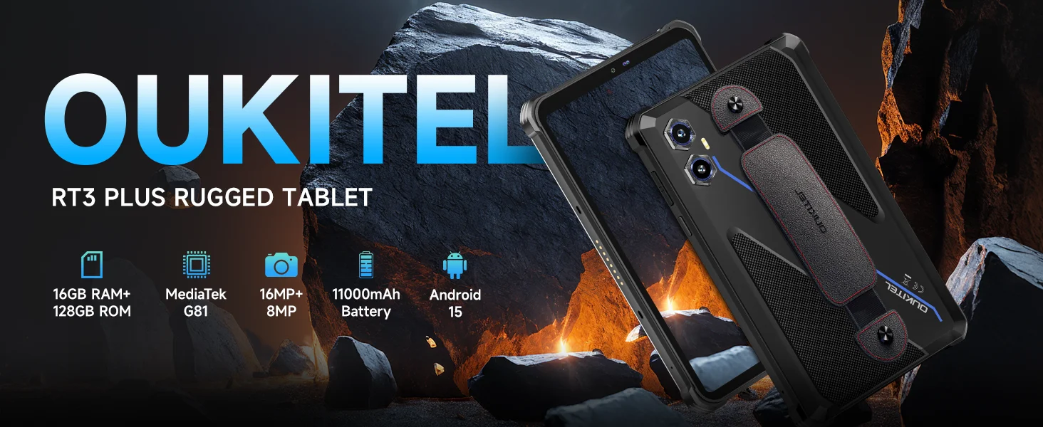 OUKITEL RT3 Plus Rugged Android 15 Tablet, 16GB+128GB 1TB Expandable Waterproof Tablets, 8 Inch HD Display, 1100mAh Battery