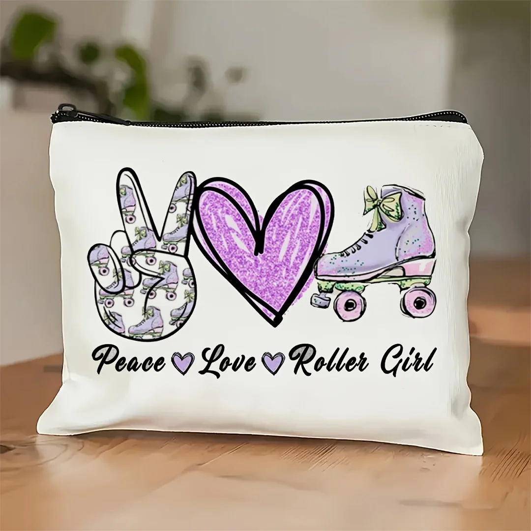 1Pc Peace, Love & Roller Skating Girl Retro Design Multifunctional Travel Makeup Bag, Snack Storage Bag, Stationery Storage Bag, Fashion Toiletry Bag, Canvas Double-Sided Printed Zipper Pouch view 5