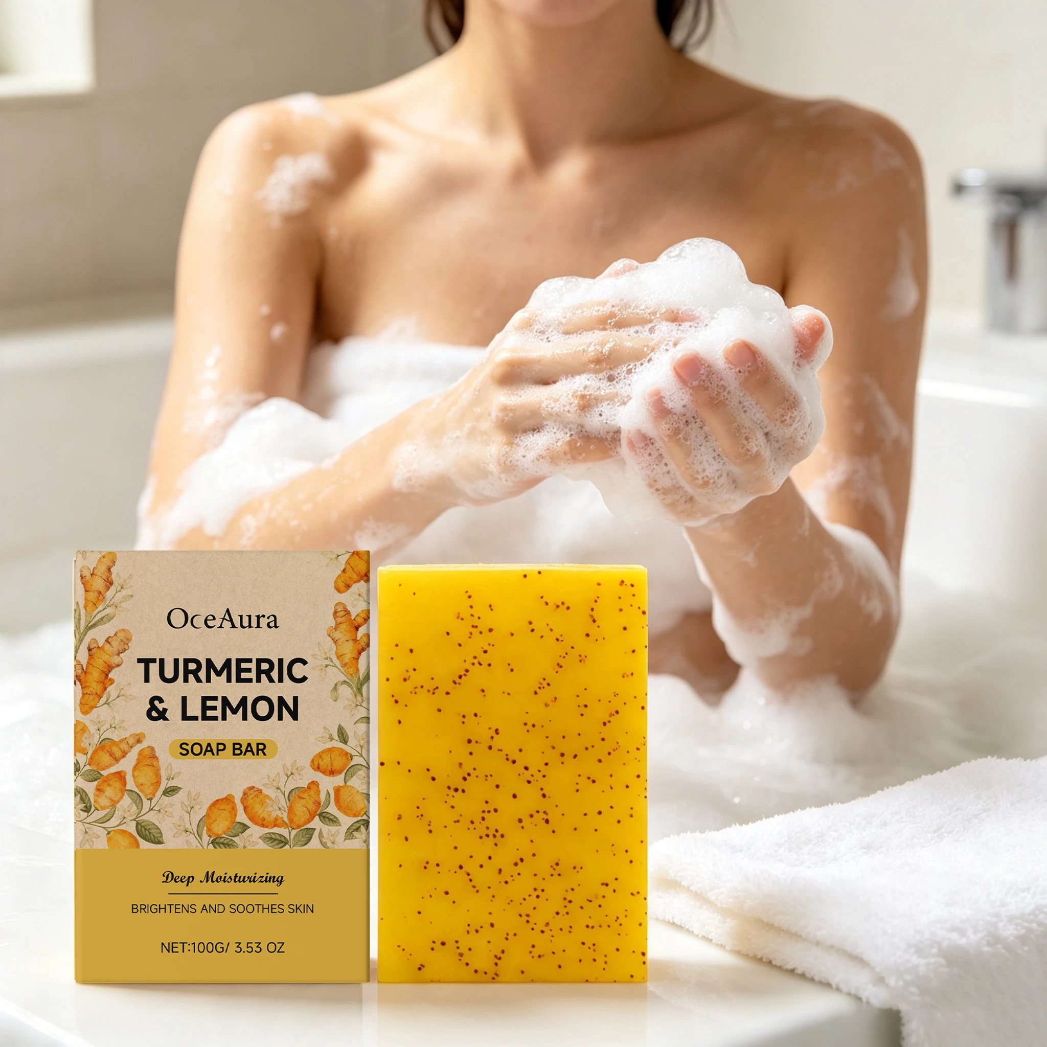100G Turmeric Lemon Body Soap Gentle Cleaning Pores Improve Skin Texture Hydrating Non-tight Enhance Smoothness Refreshing Lasting Fragrance Body Soap