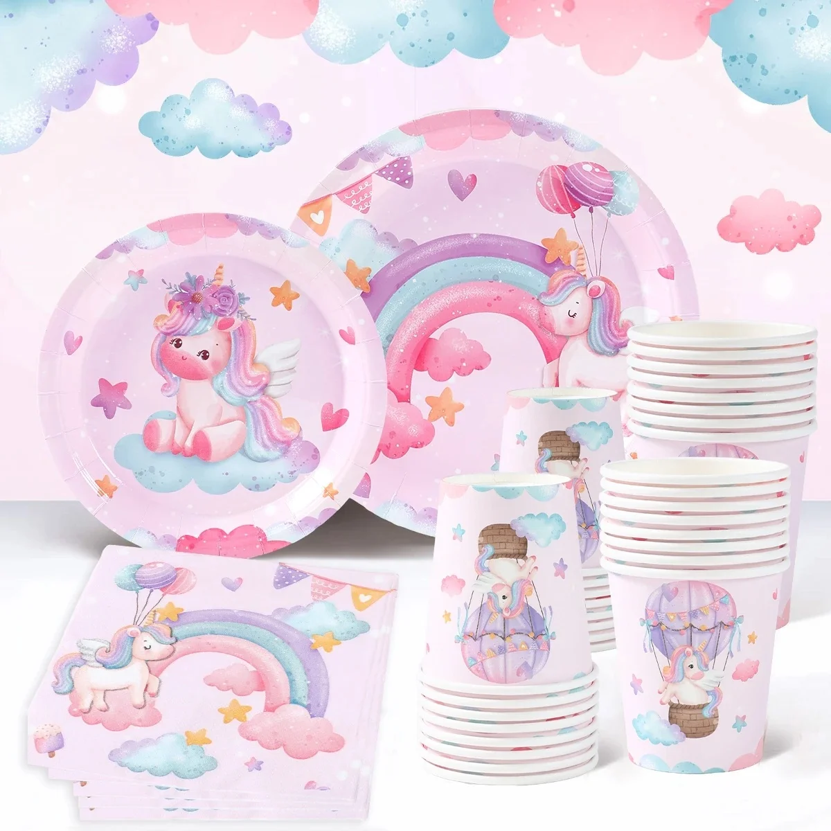 Ensemble de vaisselle jetable licorne, assiettes, tasses, serviettes, décoration de fête d'anniversaire, fournitures pour enfants, garçons et filles, mariage, fête d'anniversaire