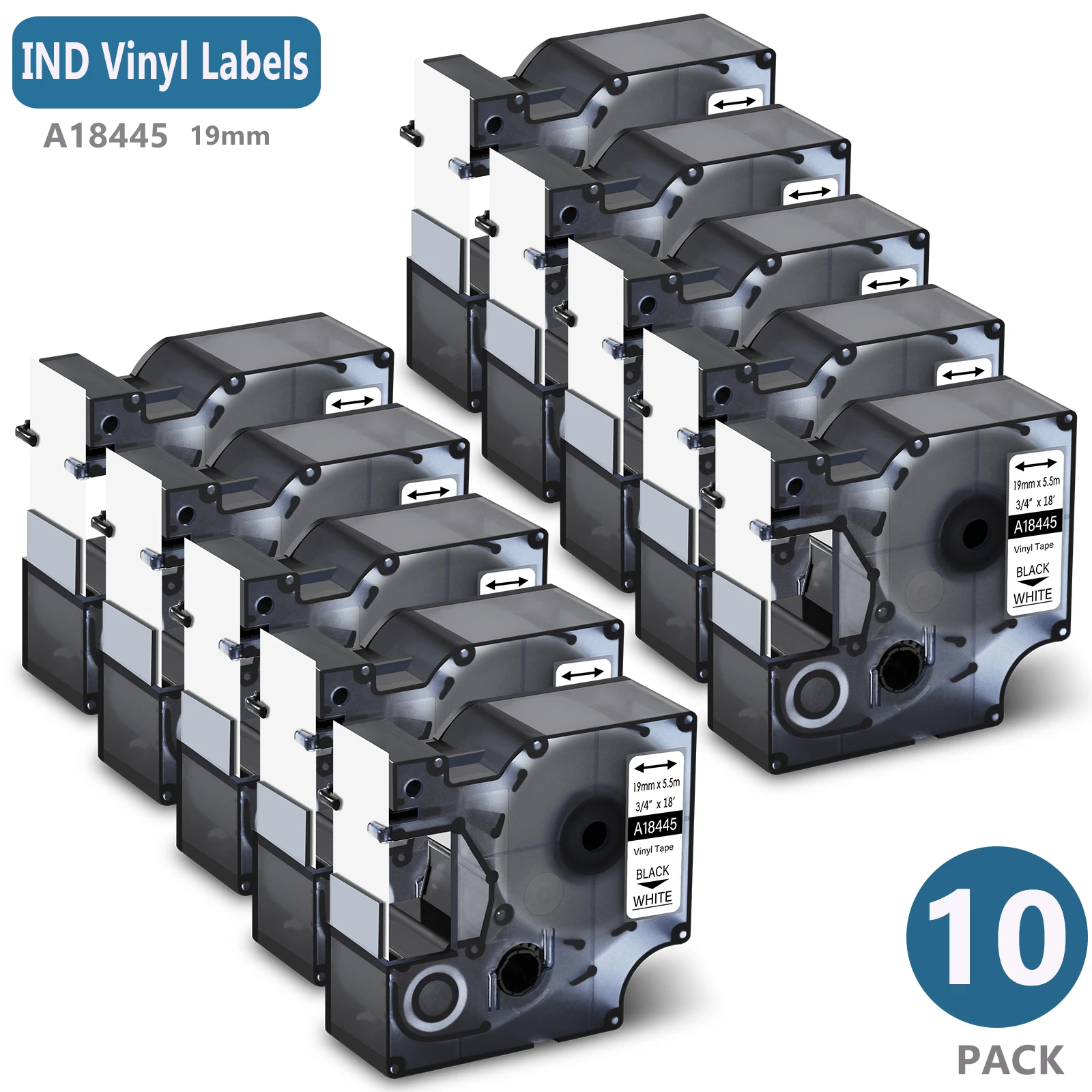 10Pcs A18445 19mm IND Vinyl Labels Compatible for Dymo 18445 Black on White Label for Dymo Rhino 4200 5000 5200 Label  Makers