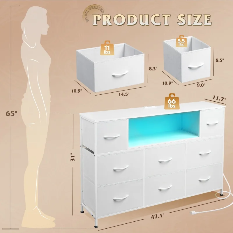 GALAXHERO 8 درج قماش مضمد محطة شحن أضواء LED حامل تلفاز تخزين الصدر رفوف مفتوحة غرفة نوم غرفة المعيشة خزانة