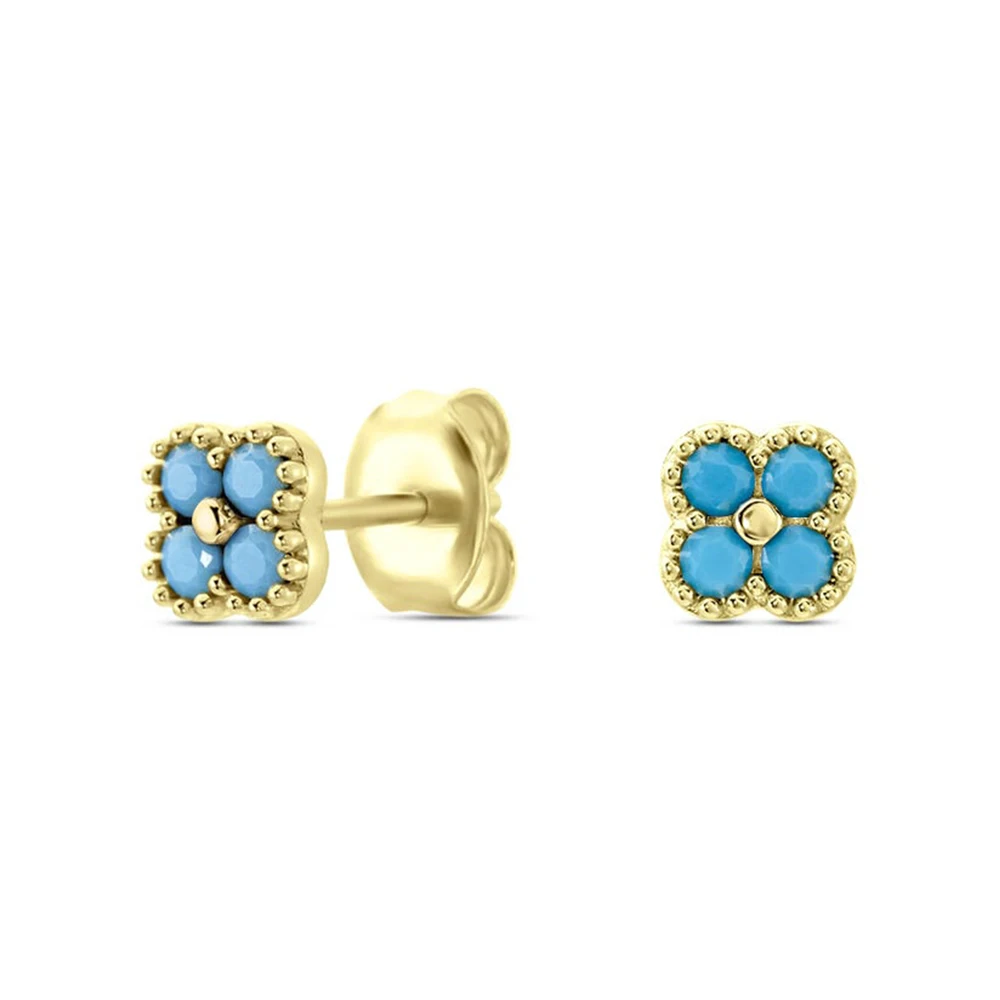 Aide 925 Sterling Silver Cute Turquoise Zircon Mini Small Four Petal Flower Stud Earrings for Fashion Women Teen Jewelry Gift