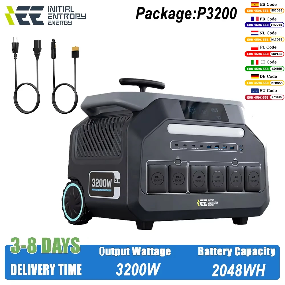 IEE P3200 3200 W tragbares Kraftwerk (6400 W maximale Leistung) 2048 Wh Lebensdauer Batterie AC V-Ausgang Trolley für Wohnmobil Camping Van