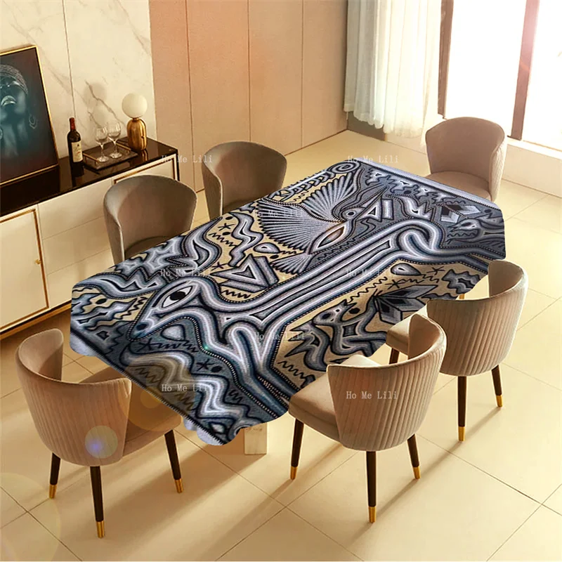 Traditional And Innovations Brightly Colored Image Of Huichol Folk Art Mystical Vision Rectangle Tablecloth By Ho Me Lili