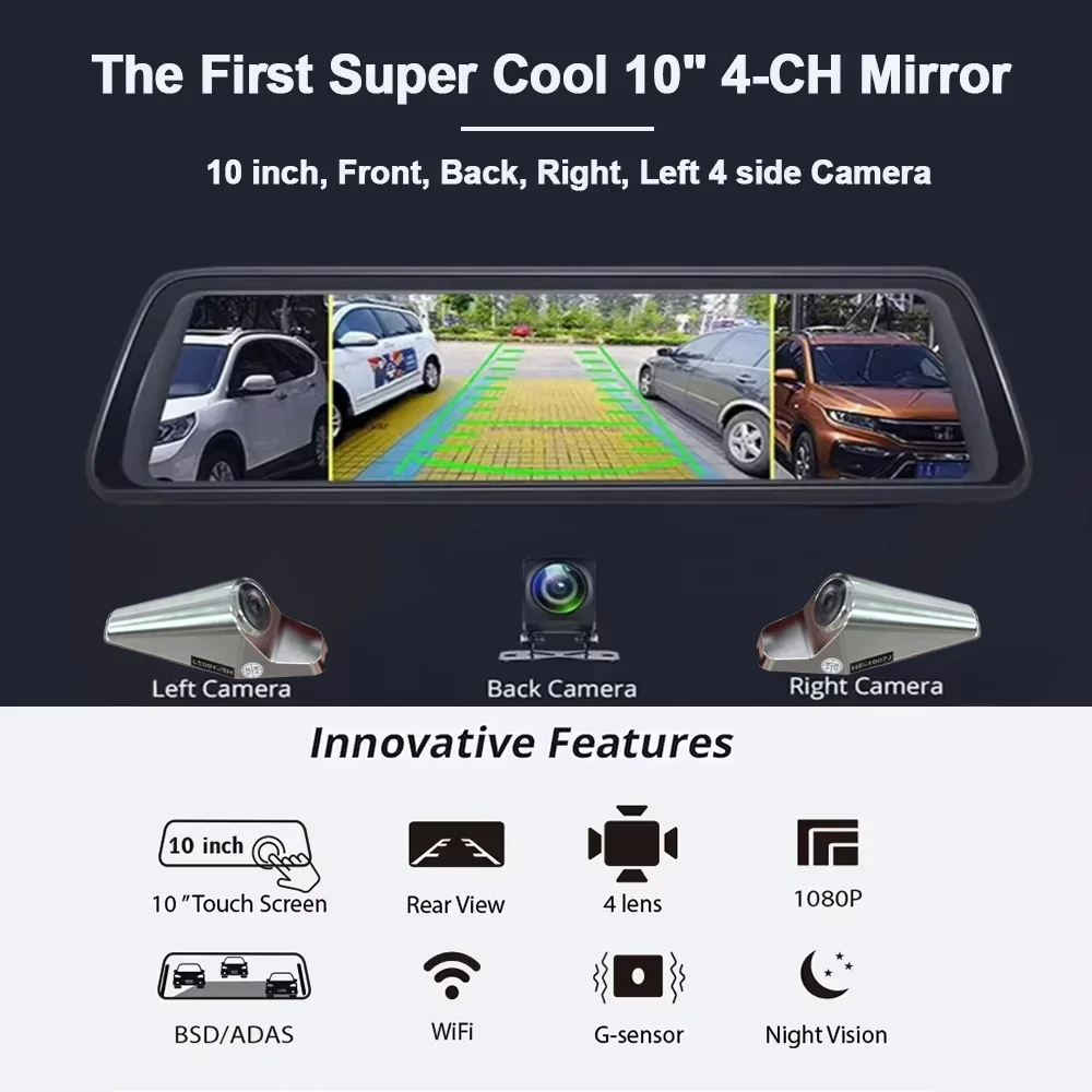 4K Dash Cam 4-Channel Record 1080P ADAS BSD Car DVR WIFI Rear View Mirror Auto Video Recorder Camera Ultra HD 24H Parking Black