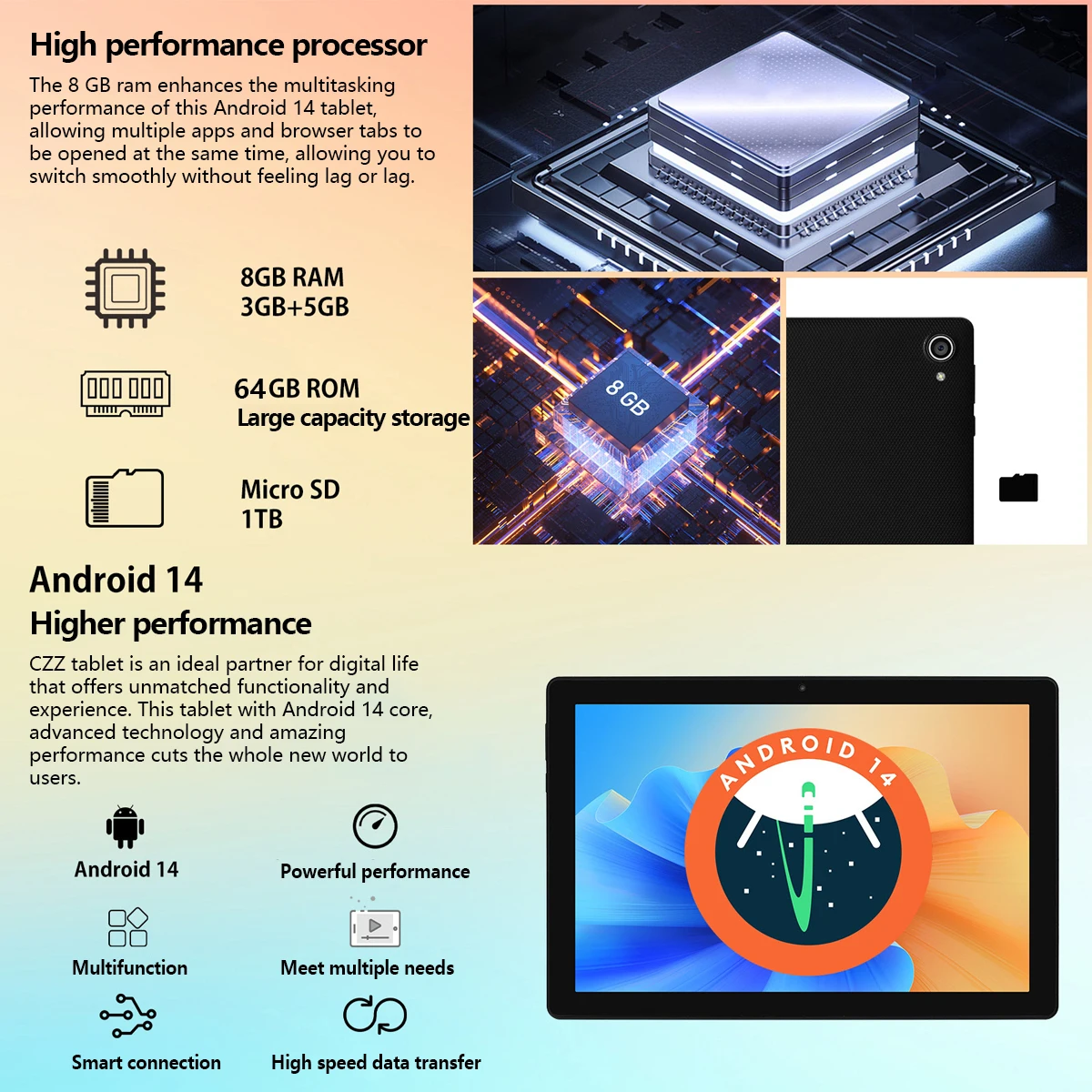 C10 Tablet 10.1 Inch Android 14 Phablet 8GB RAM 64GB ROM (1TB TF) Widevine L1 HD Octa-Core WiFi6 Bluetooth 5.0 With Tablet Stand