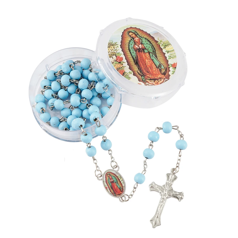 

12 Pcs Baptism Party Favors Our Lady of Guadalupe Blue Scented Wood Rosary Recuerdos de Bautizo Communion