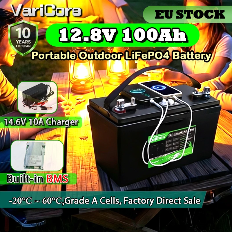 Varicore 12,8V 100Ah Lithium-Eisenphosphat-Batteriepack, mit Wechselrichter und Ladegerät, Deep-Cycle Lithium-Eisenphosphat-Energiespeicherbatterie, geeignet für Solaranlagen, Wohnmobile,