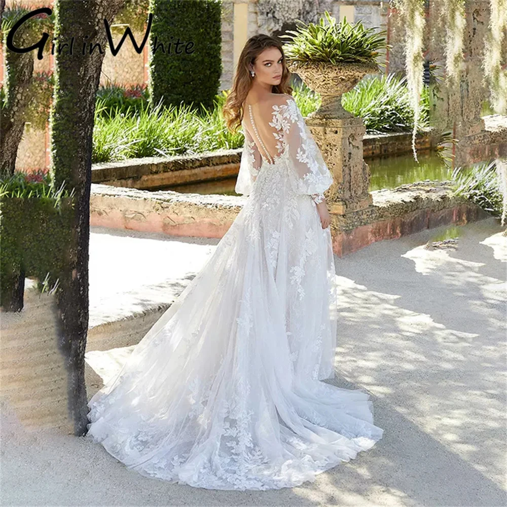 Vestido de novia elegante con cuello en V, vestido de novia personalizado con mangas largas acampanadas, apliques con botones en la espalda, vestidos elegantes para