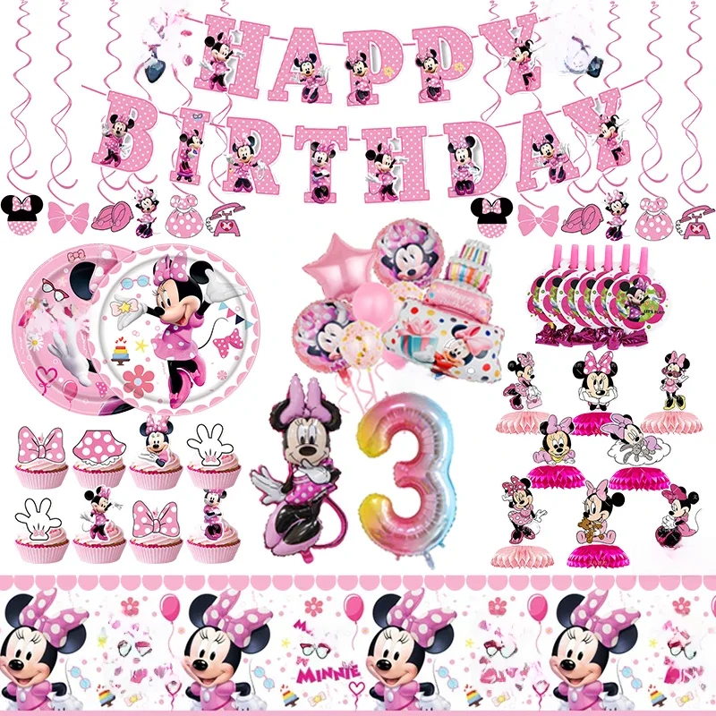 Minnie Mouse Birthday Party Decorações, Louça Set, Balões Rosa, Bandeira, Caixa de doces, Favores