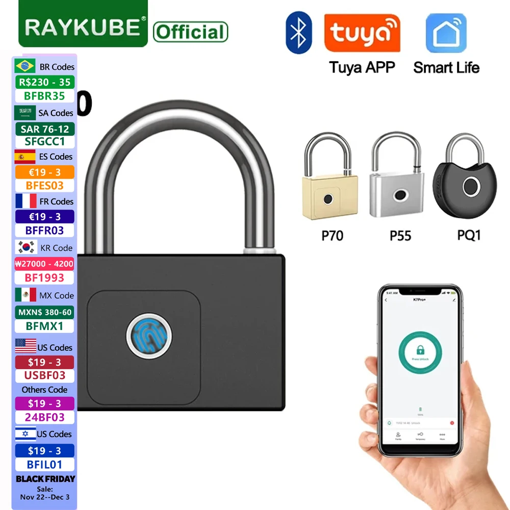 RAYKUBE Tuya BLE Smart Fingerprint Padlock Waterproof USB Charging 0.2sec Unlock Portable Anti-theft Zinc Padlock P70/P55/PQ1