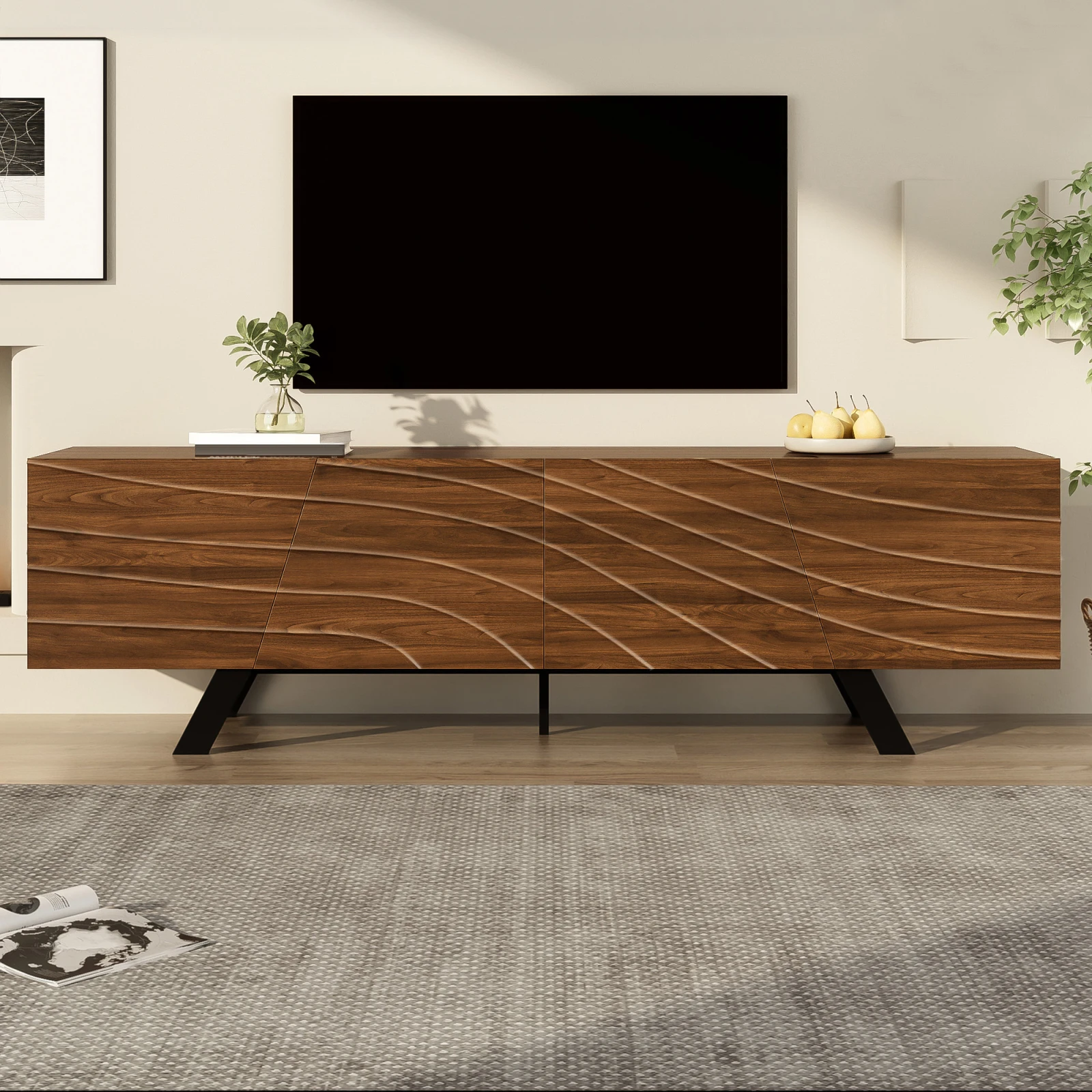 Anajqaqia 160×39×50,5cm tv-meubel met golffront, lowboard in walnootlook met zwarte ijzeren poten, grote opbergruimte