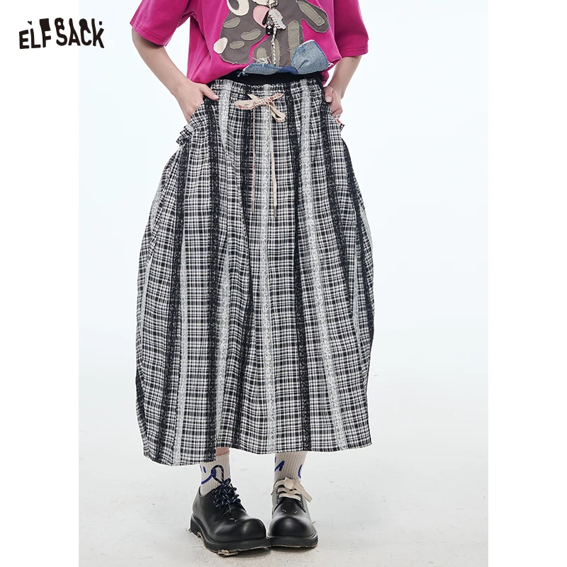 ELFSACK 2025 Spring New Arrivals Sweet Bow Pleated Plaid Skirt Women Lace Stitching Loose Long Skirt