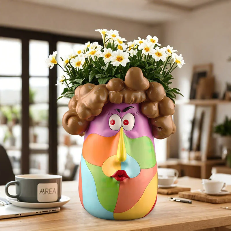 Art Cartoon Human Face Resin Flower Pot Colorful Curly Hair Succulent Planter Desktop Home Garden Decor Ornament Holiday Gift