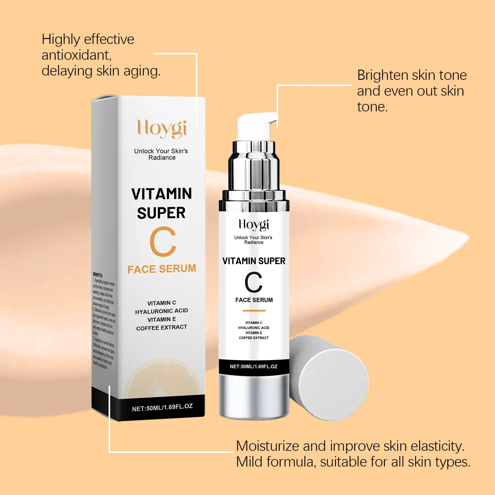 Hoygi 50ml Vitamin C Repair Face Serum Firming Relieve Redness Shrink Pores Lifting Brightening Face Moisturizing Facial Serum