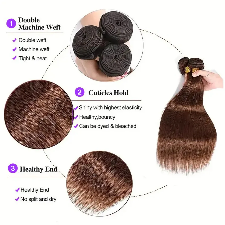 Warna #4 bundel lurus coklat tua dengan 13x4 bundel rambut lurus Frontal ekstensi rambut manusia dengan renda Frontal untuk wanita