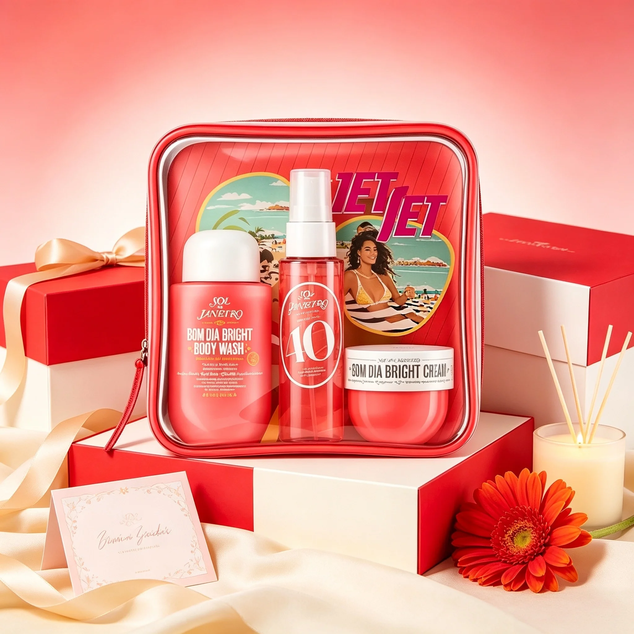 Sol de Janeiro Delicia Drench Body Care Travel Gift Set: A purple, transparent zippered cosmetic bag containing nourishing shower oil, No. 59 fragrance spray, and a mini skincare set with a long-lasting, warm vanilla-sandalwood scent for deep repair and h view 5