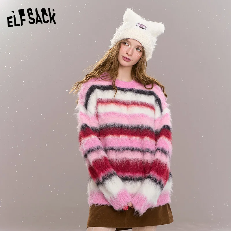 

ELFSACK 2024 Winter New Arrivals Loose casual pink stripes contrast warm sweater for women