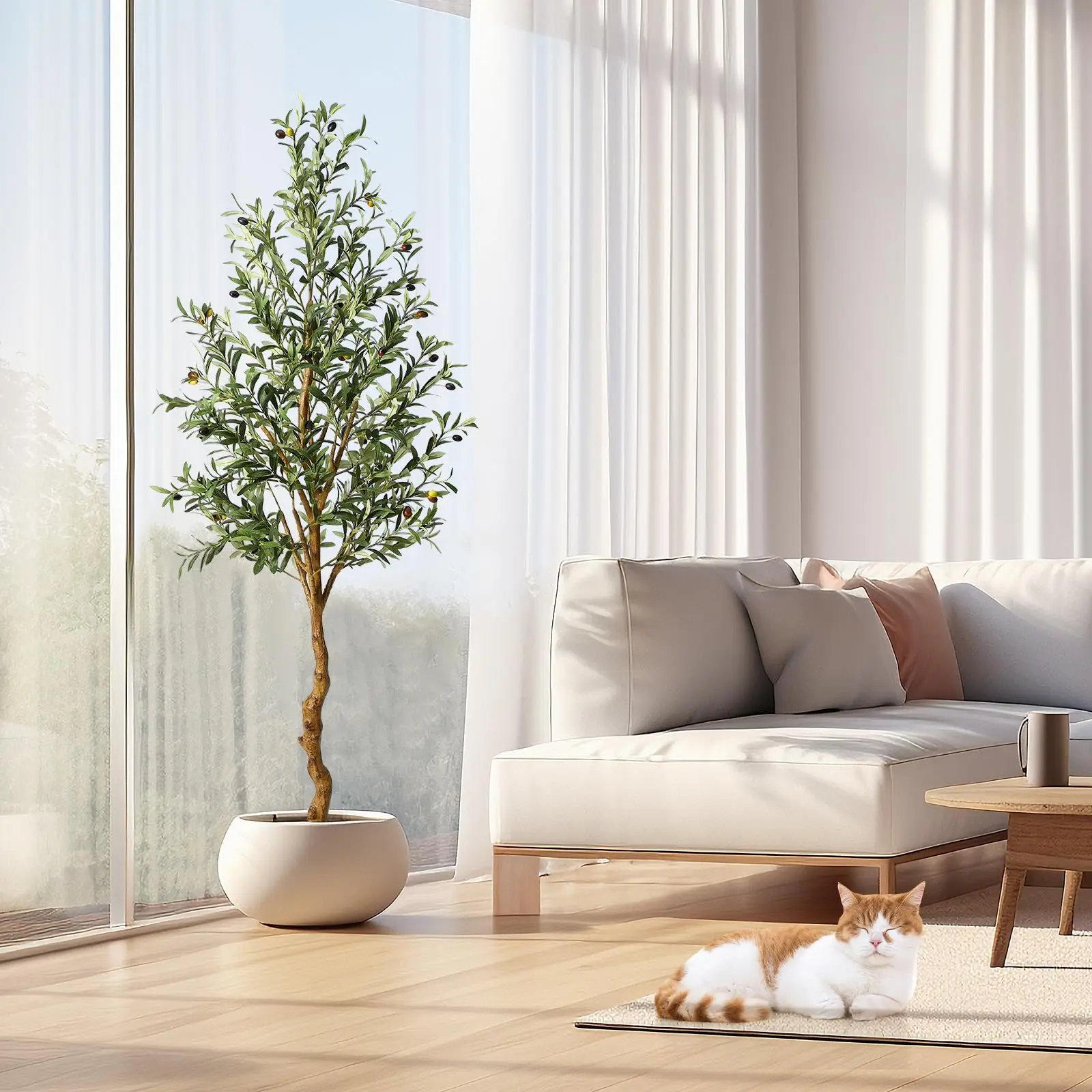 Aptliton 6FT Artificial Faux Olive Tree, with Realistic Leaves, Lifelike Olive Fruits, Natural Trunk, Potted Tall Fake Tree, Indoor Outdoor Decorative Plant for Living Room Office Home Decor,180cm