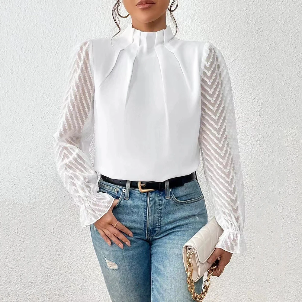 

Mock Neck Flounce Sleeve Blouse Summer Women's Elegant Ruched Chiffon Shirts Solid Color OL Style See-through Lace Patchwork Top