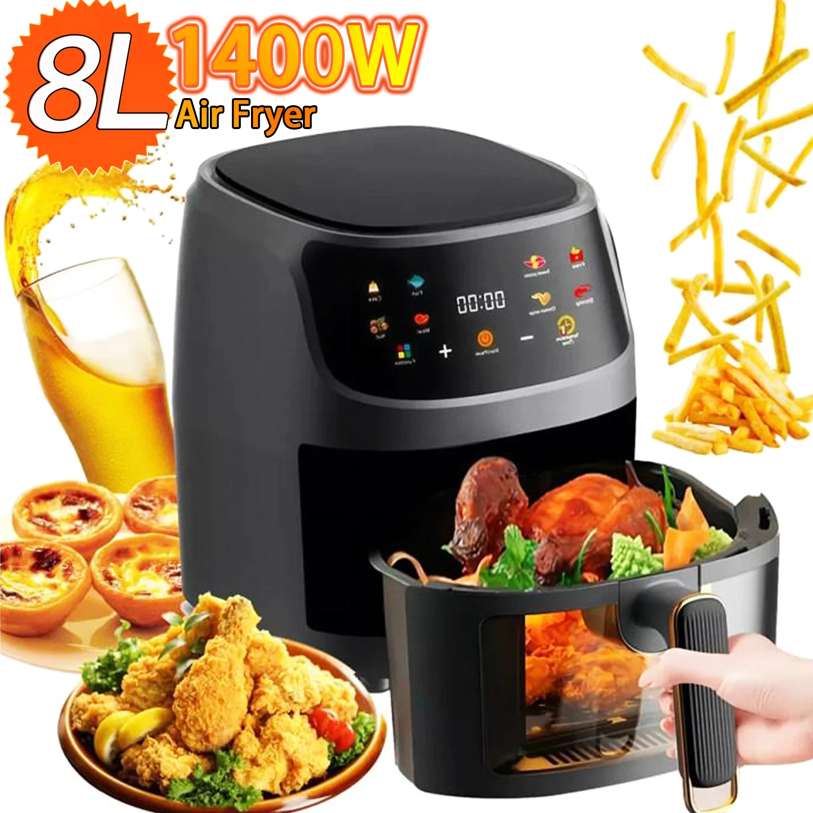 1400W 8L Air Fryer Without Oil Household Programmable Smart LED Touch AirFryer Thermal Cycle Oven Cooker French Fries Chicken