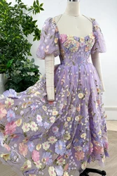 Simple Corset Lavender Floral Embroidery Midi Prom Dress with Puff Sleeves Square Collar Homecoming Dresses vestidos Party Gowns