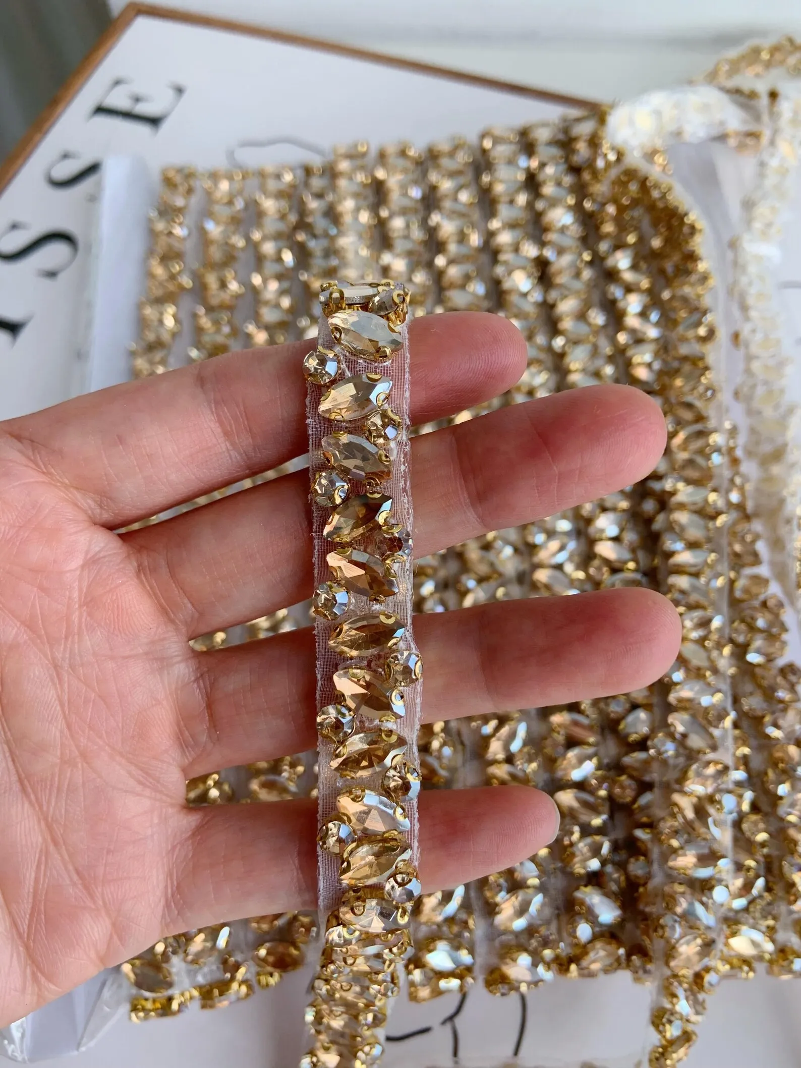 

Gold Rhinestone Trim By yards, Thin Rhinestone Belt For Dress Straps, Rhinestone Sash